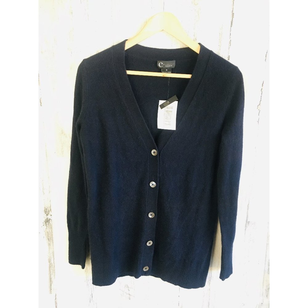 NWT C by Bloomingdale's 100% Cashmere Grandfather Cardigan Sweater Navy Grandpa